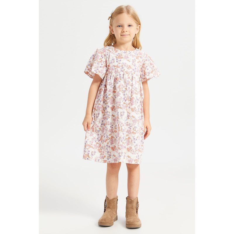 Girls White Floral Print Frill Sleeve Woven Dress