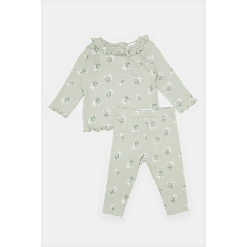 Infant Girls Green Floral Printed Casual Set (2 Piece)