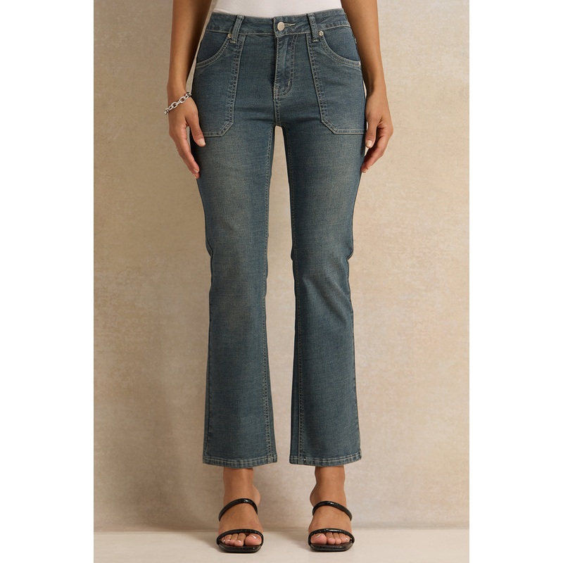 Women Blue Front Pocket Flared Jeans