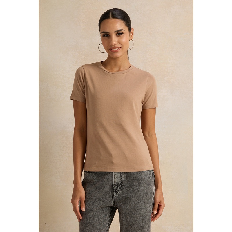Women  Brown Short Sleeve Crew Neck T-Shirt