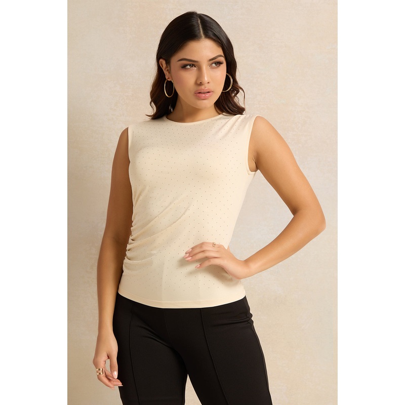 Women Cream Embellished Side Ruched Sleeveless Top