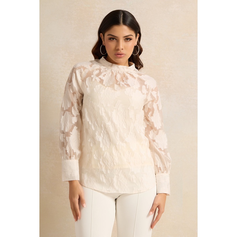 Women Cream Floral Jacquard Closed Neck Blouse