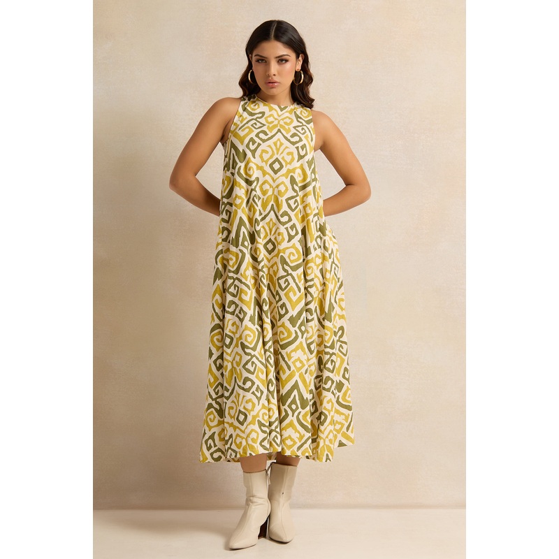 Women Green Tile Print A-Line Flared Dress