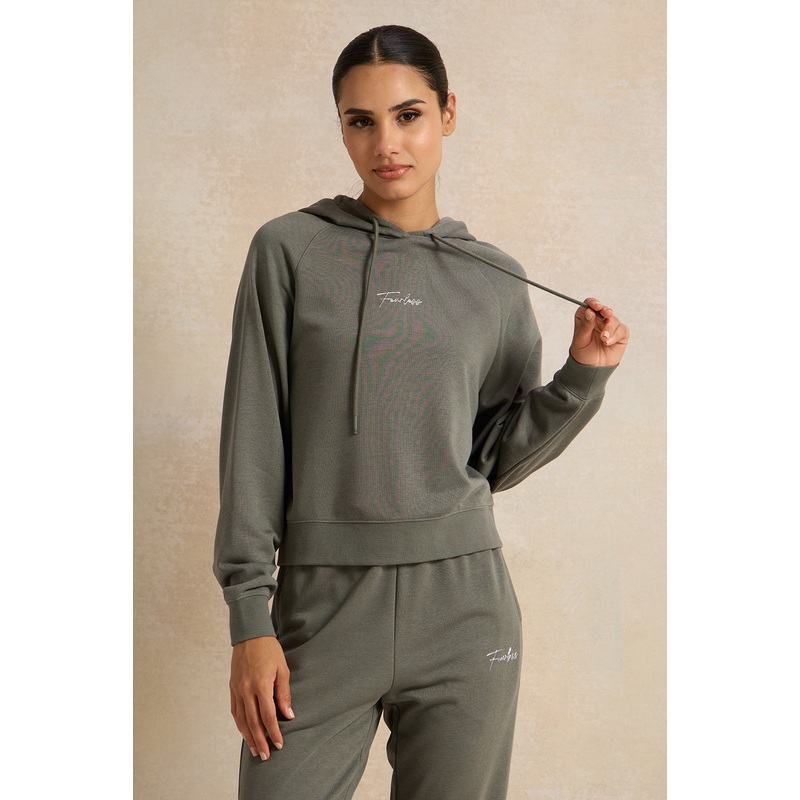 Women Grey Placement Print Hooded Sweatshirt