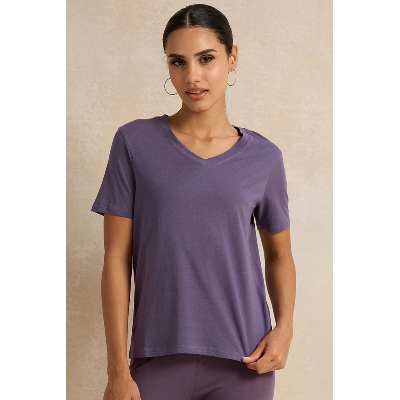 Women Purple Solid  V Neck T-Shirt