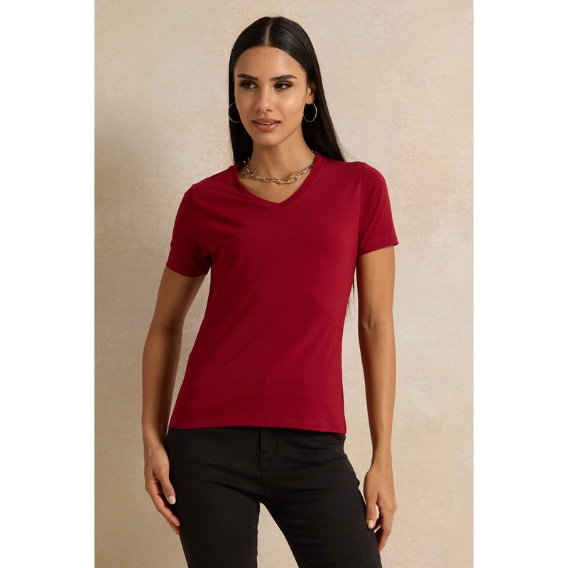 Women Red Short Sleeve V Neck T-Shirt