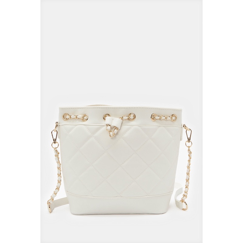 Women White Embellished Bucket Bag