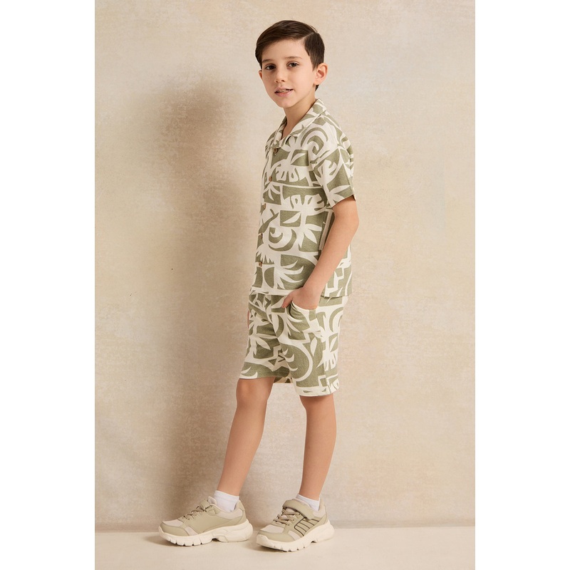 Boys Beige And Green  Button Front Shirt With Shorts set(2 Piece)