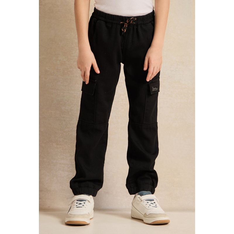 Boys Black Denim Cargo Pocket Jeans