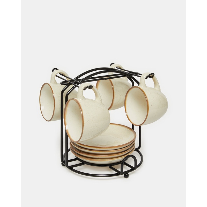Cream Glazed Coffee Set With Stand (9 Piece)