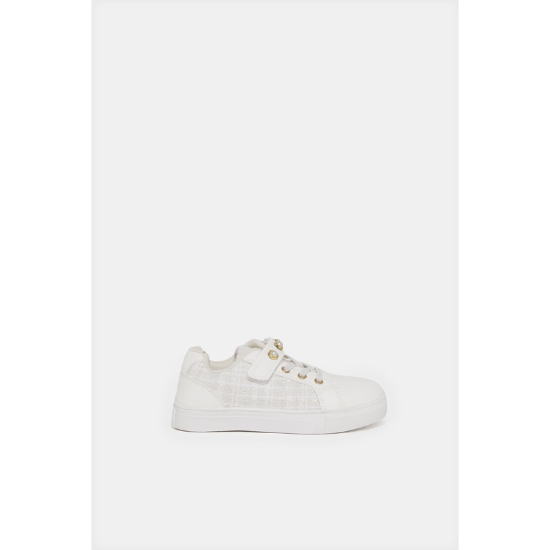 Girls White Pearl Velcro Sneaker