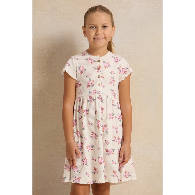 Girls White Print Rib Dress|2-3 Years|3-4 Years|4-5 Years|5-6 Years|6-7 Years|7-8 Years