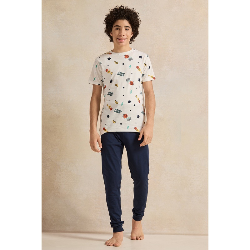 Senior Boys White Printed Pyjama Set (2 Piece)