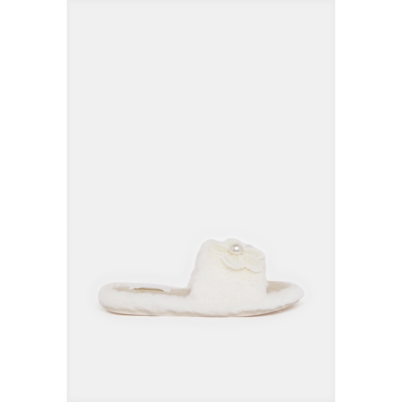 Women Beige Flower Trim Slipper