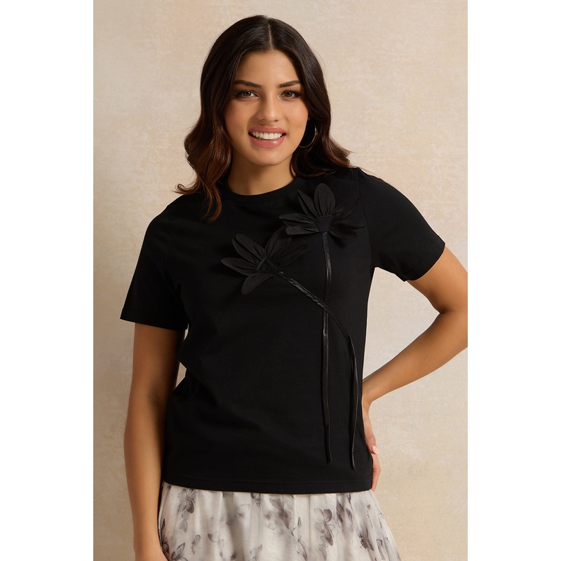 Women Black 3 D Floral Patch T-shirt