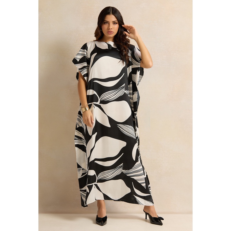 Women Black And White Placement Mono Print Shift Kimono Dress