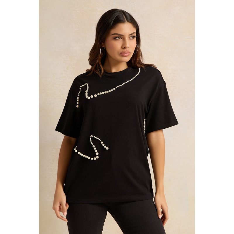 Women Black Pearl Beaded T-shirt