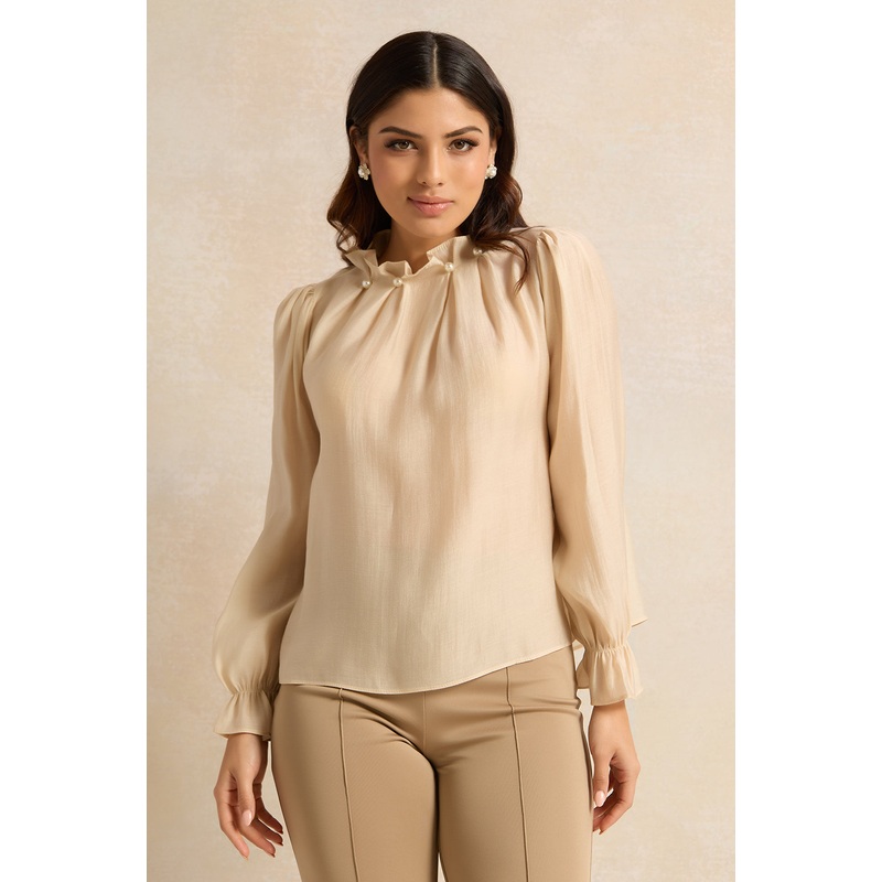 Women Cream High Neck Blouson Blouse