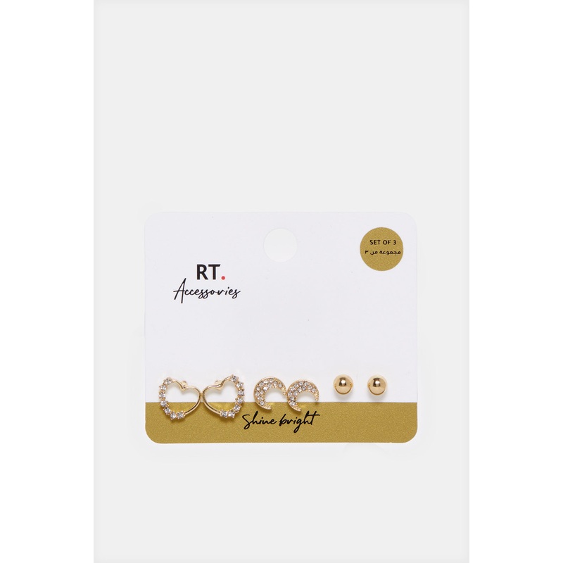 Women Gold Embellished Studs (3 Pairs)