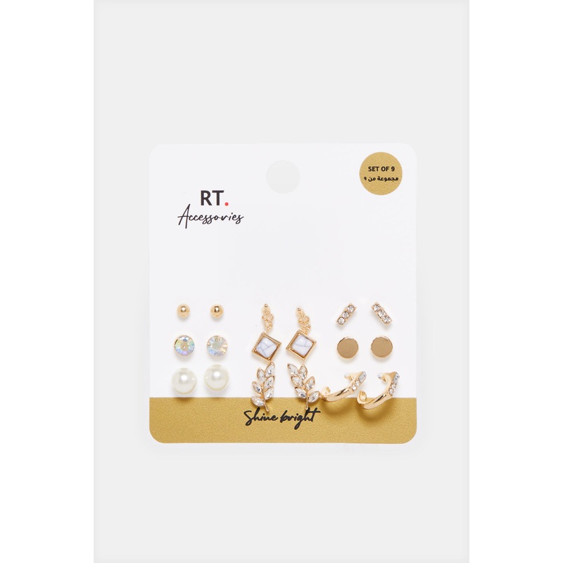 Women Gold Embellished Studs (9 Pairs)