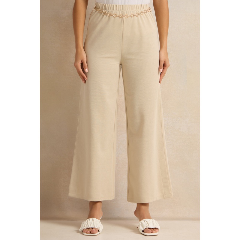 Women Gold Metal Chain Knit Flared Leg Trouser