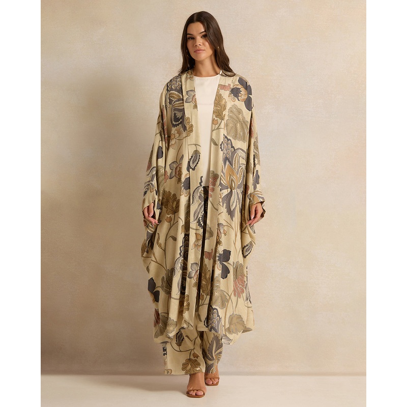 Women Green Allover Print Front Open Long Kimono