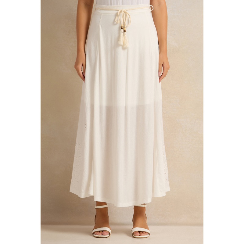 Women Ivory Embroidered Skirt With Breaded Belt