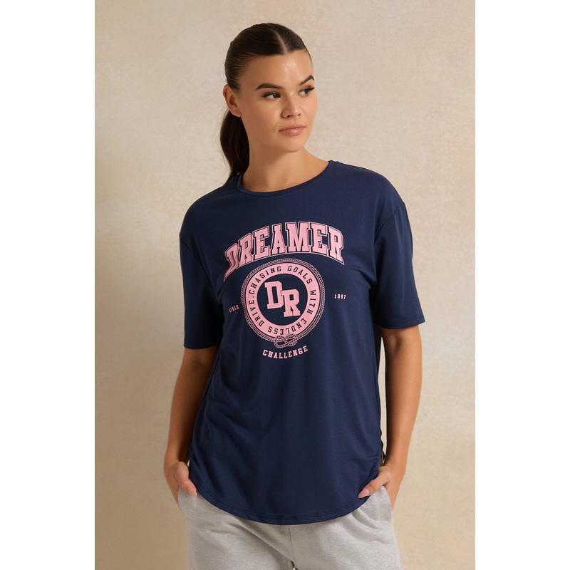 Women Navy Print Ribbed Sleeve T-Shirt