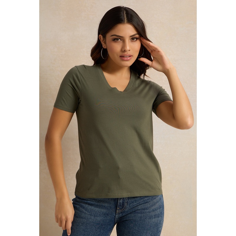 Women Olive V Neck T-Shirt|UK8|UK10|UK12|UK14|UK16|UK18