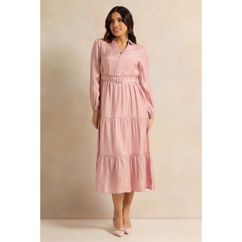 Women Pink Shimmer Tiered Belted Dress