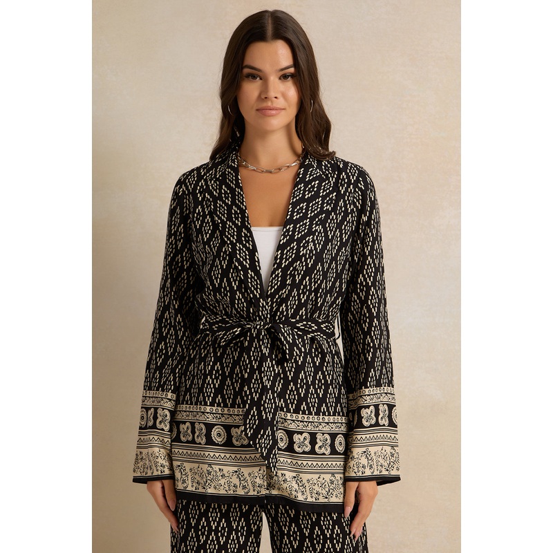 Women Printed Collared Wrap Belted  Casual Jacket