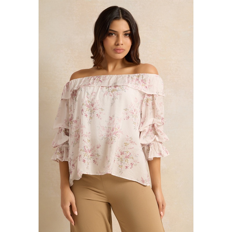 Women Printed Off Shoulder Ruffle Prairie Blouse