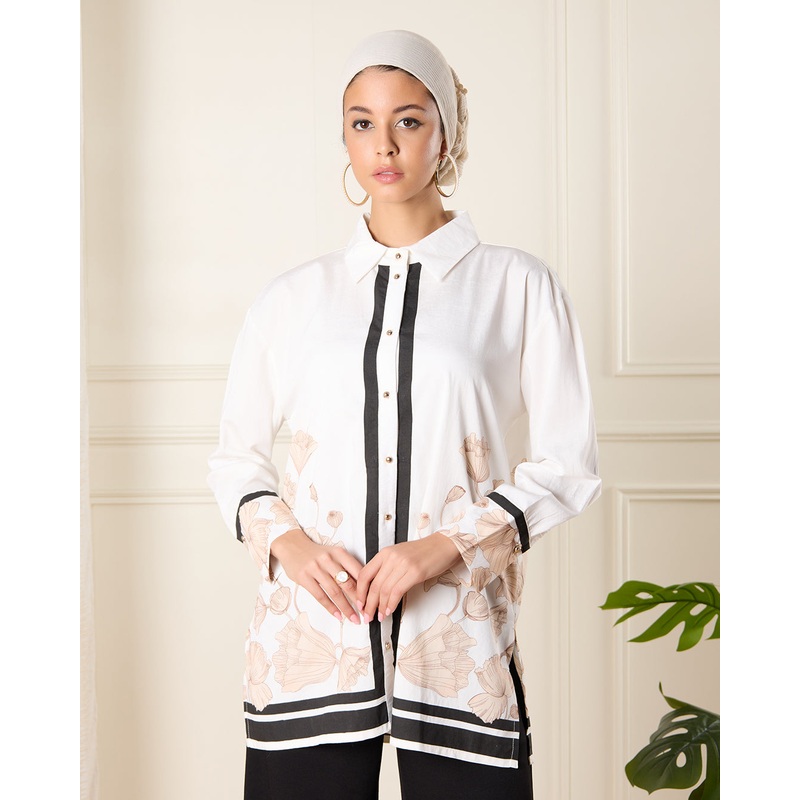 Women White Printed Collared Long Sleeve Shirt