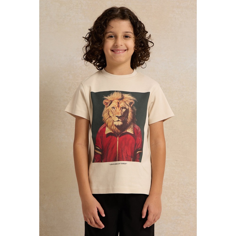 Boys Beige Printed Short sleeve T-shirt