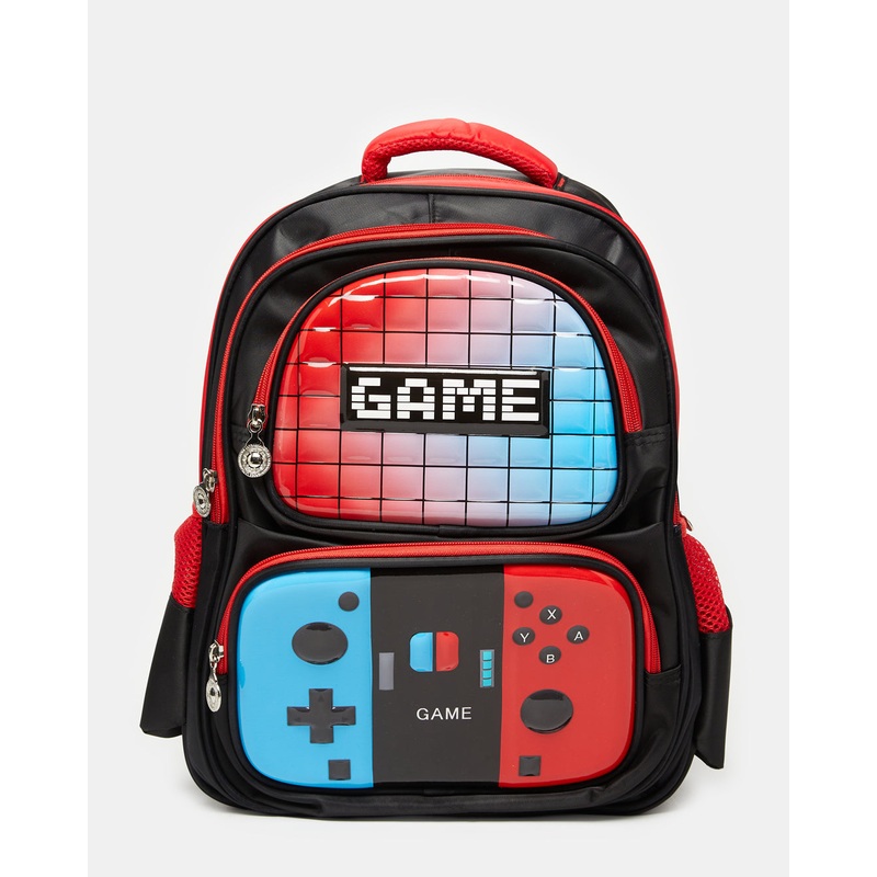 Boys Black And Red Game Embellished Backpack (16 Inch)