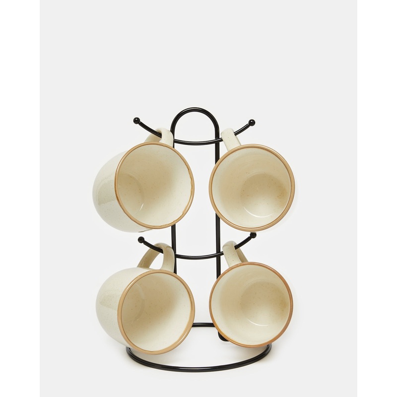 Cream Glazed Mug Set With Stand (5 Piece)