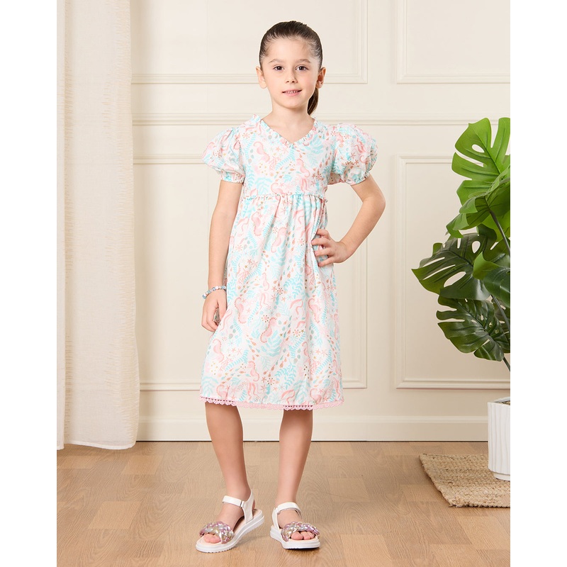 Girls White Printed Dress|2-3 Years|3-4 Years|4-5 Years|5-6 Years|6-7 Years|7-8 Years