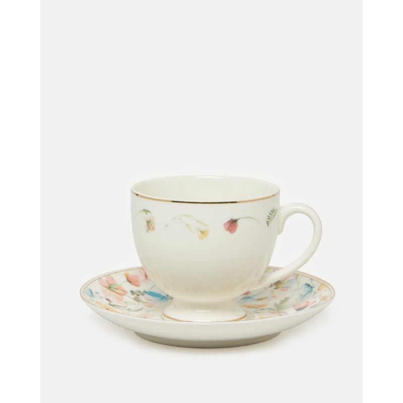 White Floral Print Cup And Saucer Set (2 Piece)