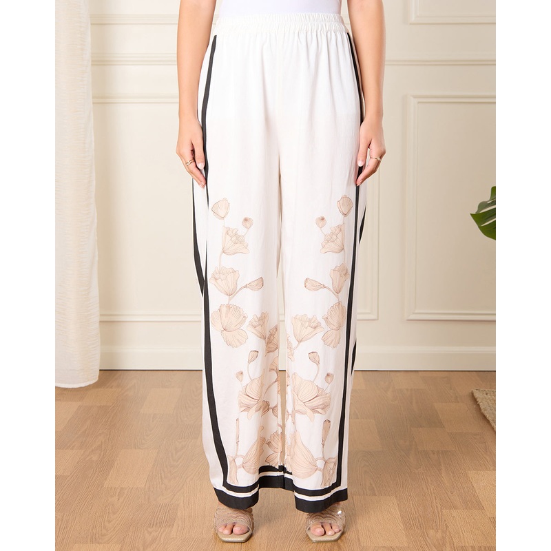 Women Beige And White Elasticated Waist Trousers