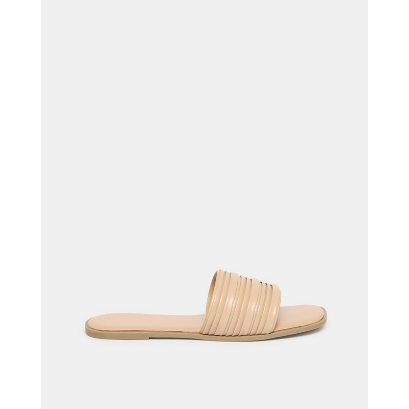 Women Beige Strap Overlay Textured Mule