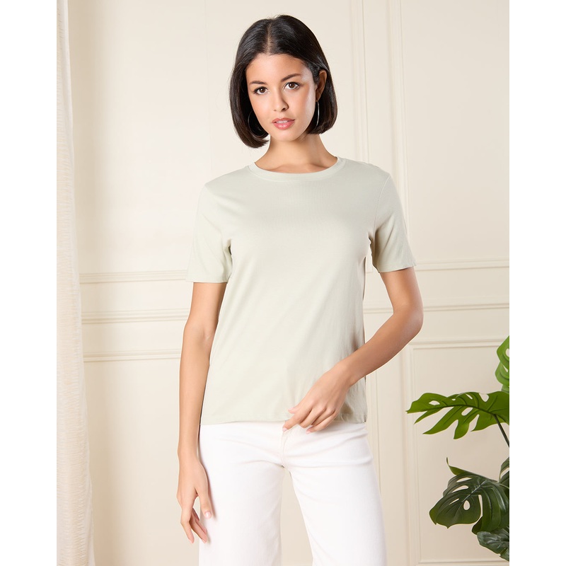 Women Green Crew Neck Basic T-Shirt