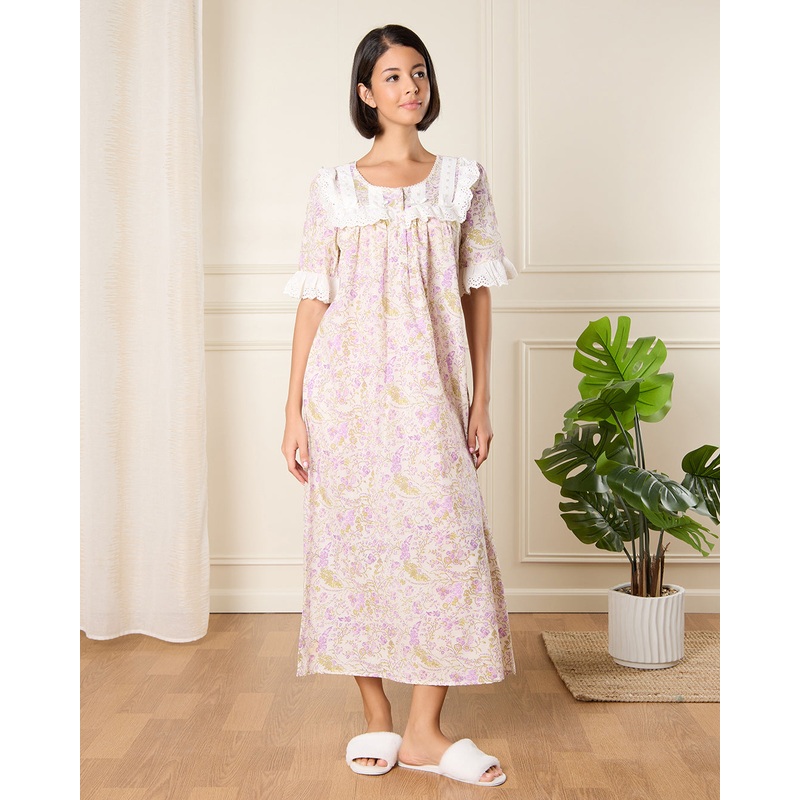 Women White And Pink Printed Nightgown