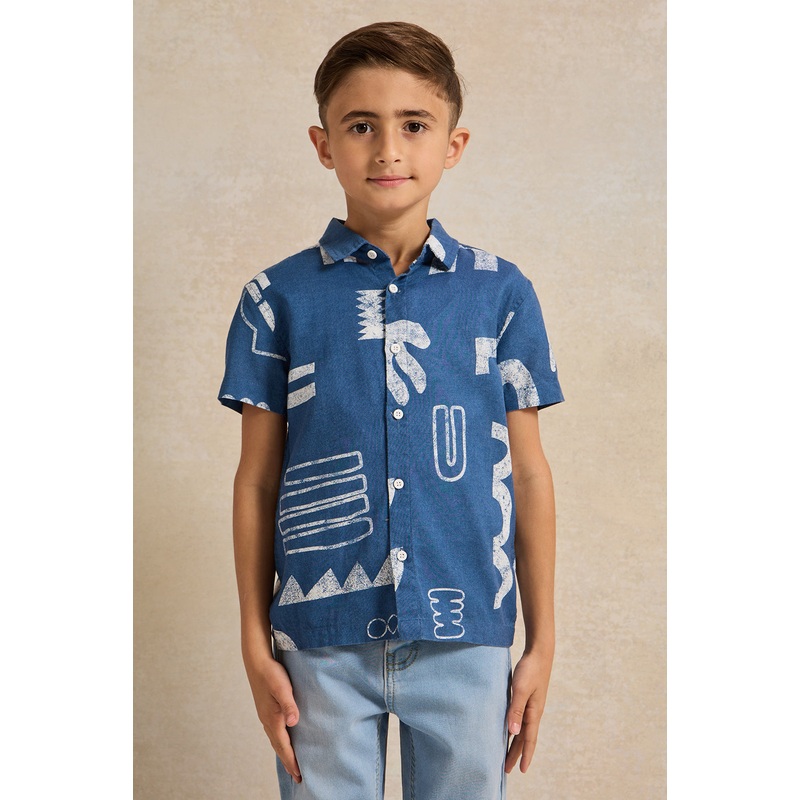 Boys Blue Linen Allover Print Shirt