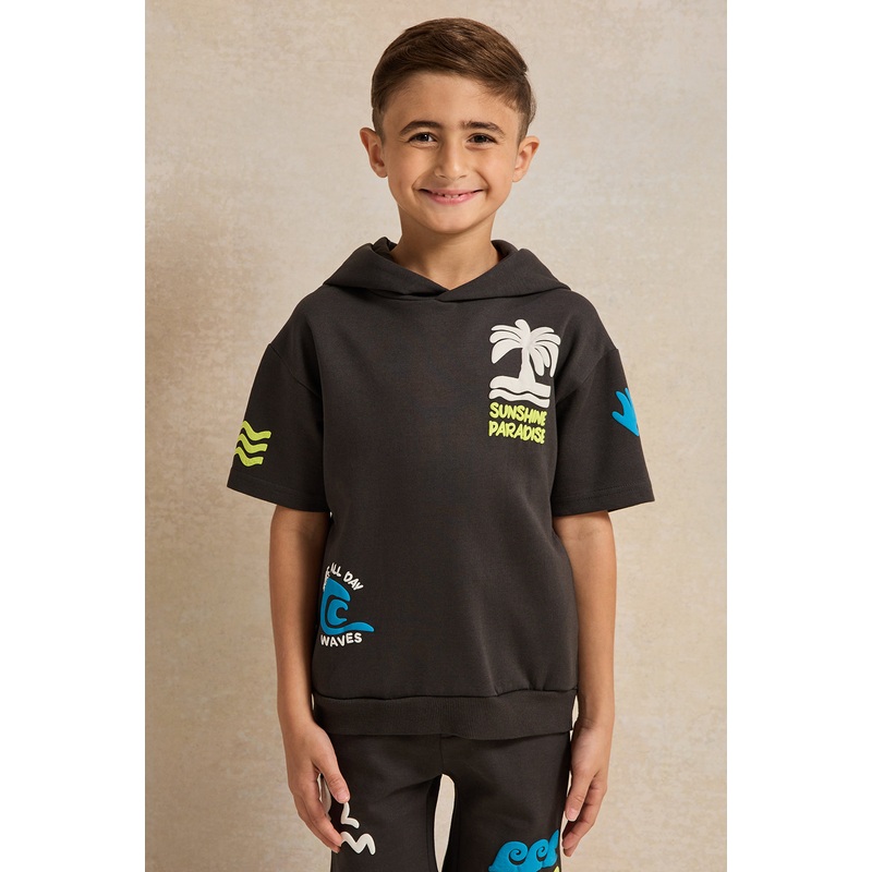 Boys Charcoal Hooded Short Sleeve T-Shirt