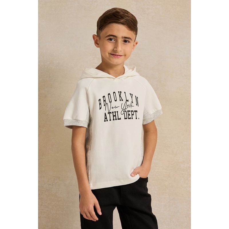 Boys Ivory Hooded Short Sleeve T-Shirt
