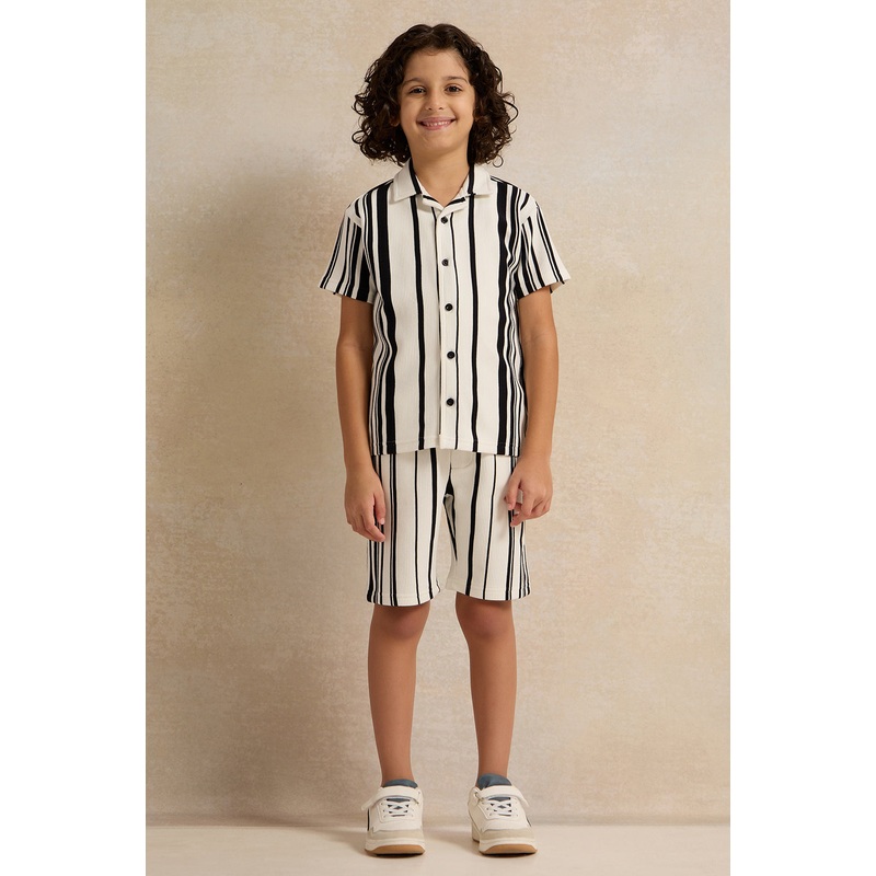 Boys White And Navy Stripped Shirt With Shorts Set (2 Piece)
