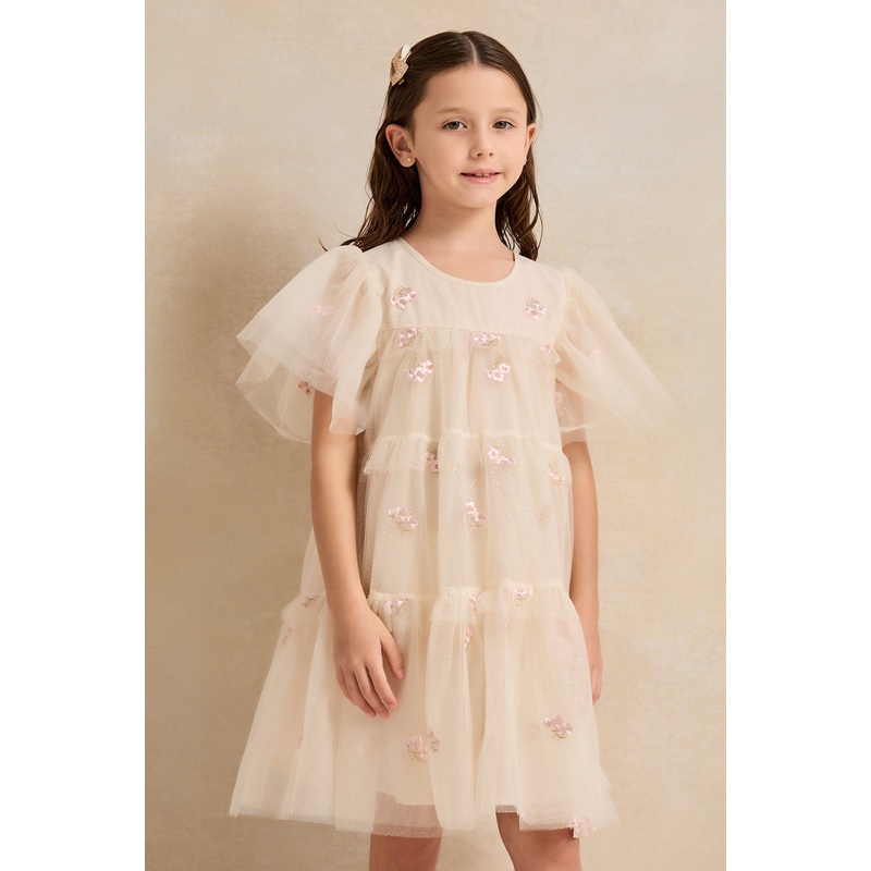 Girls Ivory Floral Embroidered Mesh Layered Dress