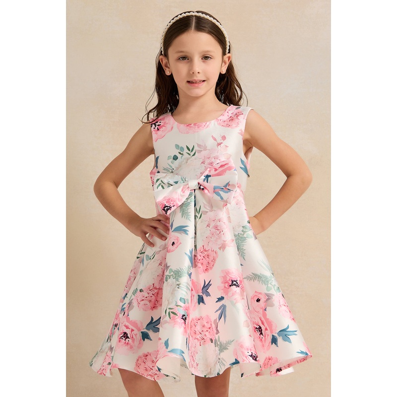Girls Pink Flower Matte Satin Dress