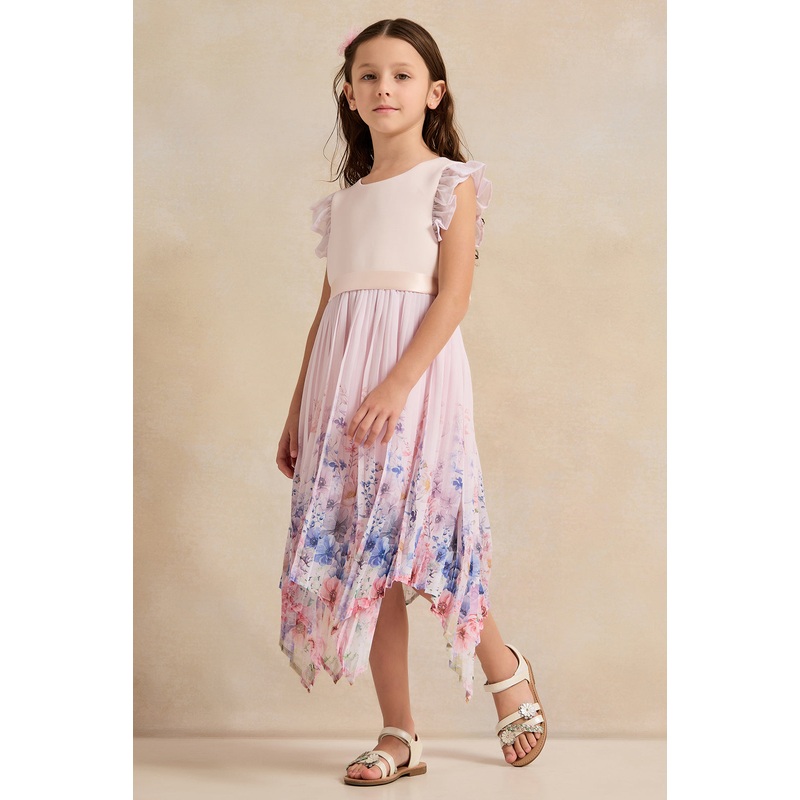Girls Pink Printed Pleated Dress