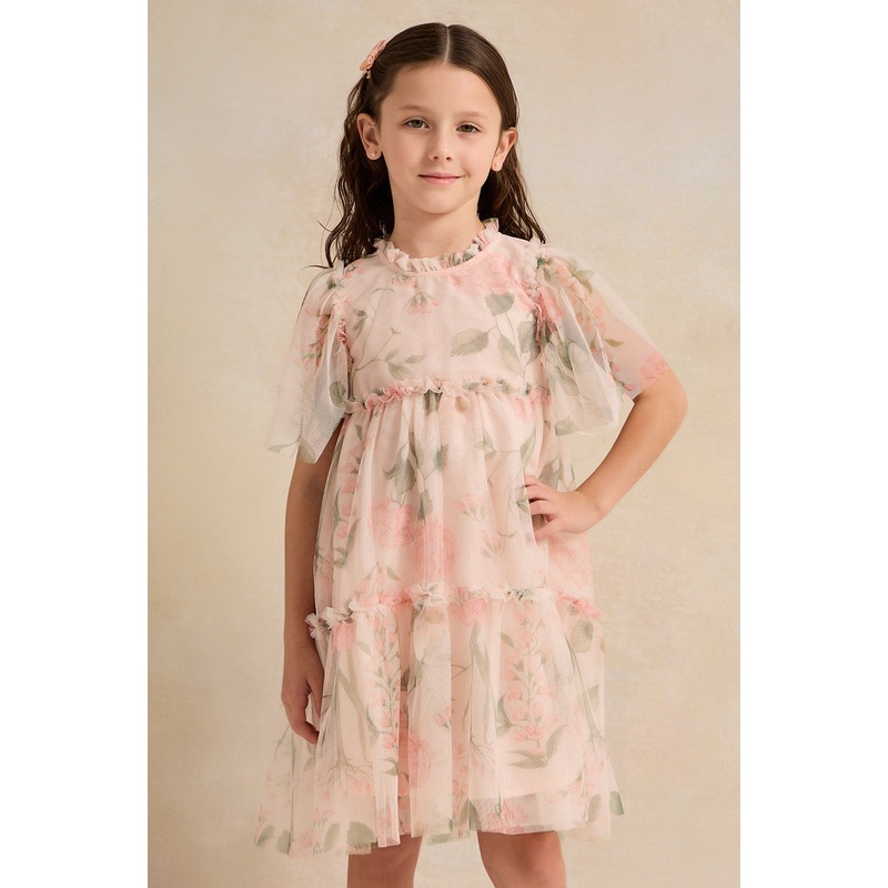 Girls Pink Rose Printed  Layered Mesh Dress